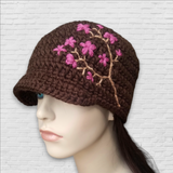 Brimmed Beanie with Cherry Blossom Embroidery