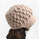 Women’s Alpaca Blend Crocheted Brim Beanie with Decorative Button – Soft Blush Pink Hat