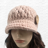 Women’s Alpaca Blend Crocheted Brim Beanie with Decorative Button – Soft Blush Pink Hat