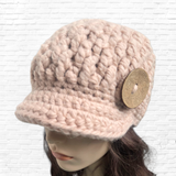 Women’s Alpaca Blend Crocheted Brim Beanie with Decorative Button – Soft Blush Pink Hat