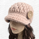 Women’s Alpaca Blend Crocheted Brim Beanie with Decorative Button – Soft Blush Pink Hat