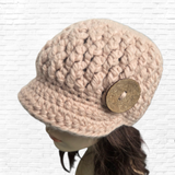 Women’s Alpaca Blend Crocheted Brim Beanie with Decorative Button – Soft Blush Pink Hat