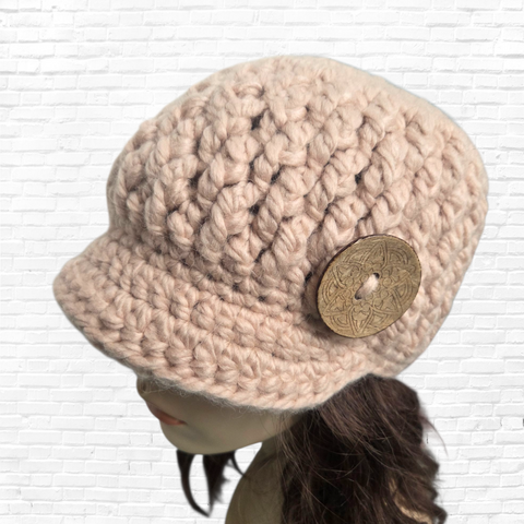 Women’s Alpaca Blend Crocheted Brim Beanie with Decorative Button – Soft Blush Pink Hat