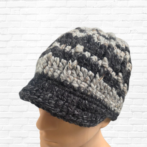 Men’s Wool Blend Crocheted Brim Hat – Black & Gray Striped Beanie Cap - Pre Order