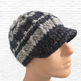 Men’s Wool Blend Crocheted Brim Hat – Black & Gray Striped Beanie Cap - Pre Order